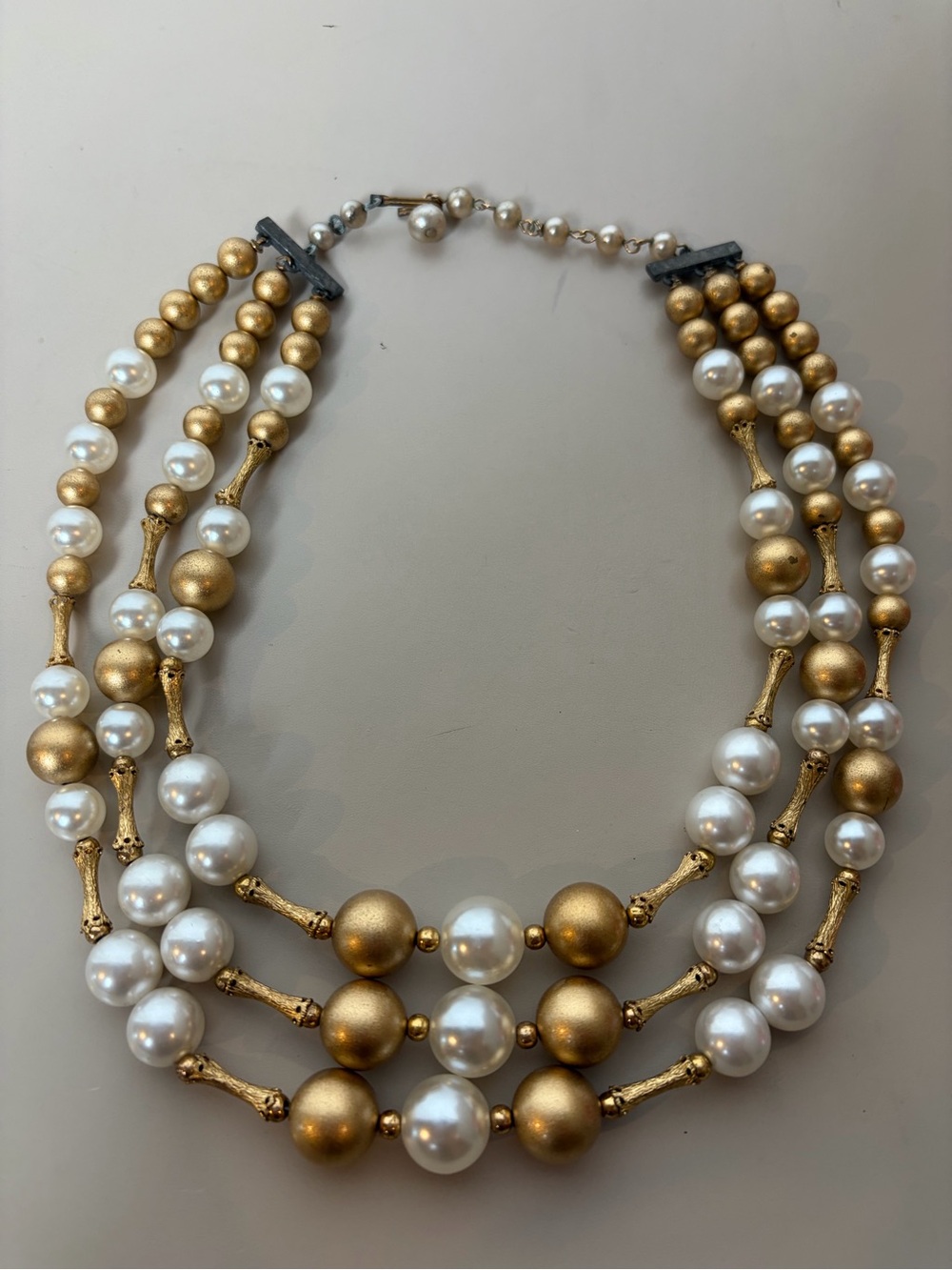 Vintage Midcentury Triple Strand Faux Pearl Lucite Bead Necklace